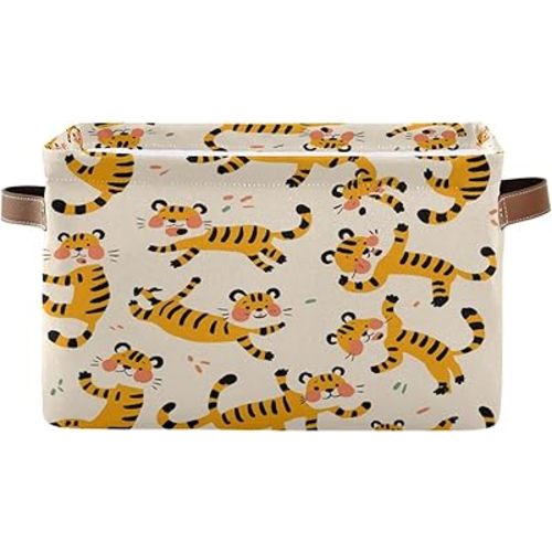 Cute Tigers Storage Basket with Handles Collapsible Canvas Storage Bin Toy Decorative Basket Closet Organizer for Nursery Bedroom Home