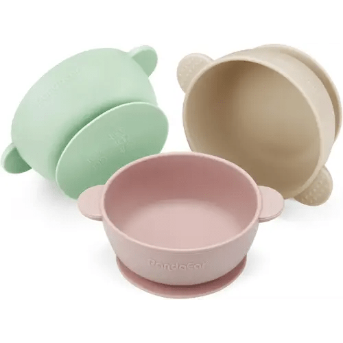 PandaEar 3 Pack Baby Bowls with Suction| Stay Put Silicone Food Bowl for Babies Kids Toddlers Infants| Food Grade Soft Safe BPA-Free Silicone (Pink Green Light Tan)