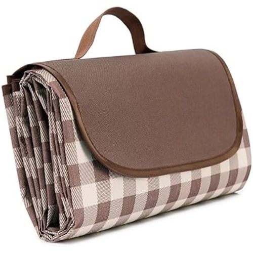 Wind Tour Waterproof Picnic Blanket with Carry Strap - Foldable Sandproof Outdoor Mat for Camping, Beach, Park - 59" x 71",Coffee Grid (Single Mat)