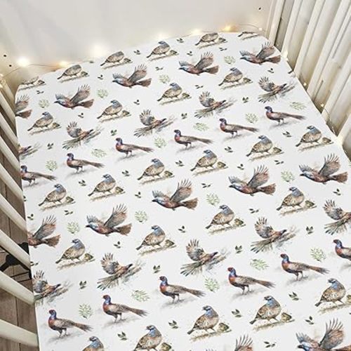 Watercolor Pheasant Leaves Baby Crib Sheets for Boy Girl 28"x52" Hunting Pheasants Soft Stretchy Fitted Crib Mattress Cover Country Cottage Birds Baby Sheet for Standard Crib and Toddler Bed Mattress