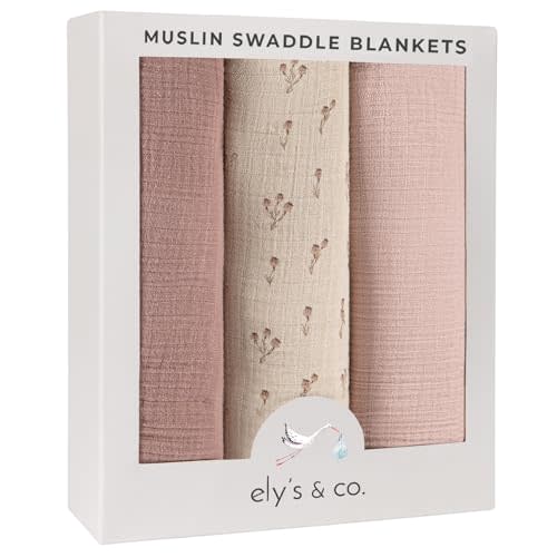 Ely's & Co. Muslin Swaddle Blanket 3-Pack for Baby Boy— 100% Cotton Muslin Extra-Large Swaddle Blankets (47”x 47”) Mauve Bluebell