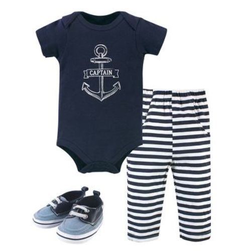 Hudson Baby Infant Boys Cotton Bodysuit, Pant and Shoe 3pc Set, Captain, 9-12 Months