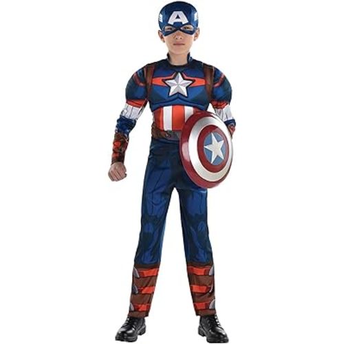 Kids Marvel Captain America Costume | Child Heroic Jumpsuit and Mask for Halloween and Dress Up Adventures