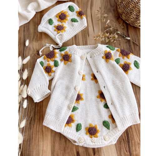 Hand-Knitted  Sunflower Baby Knit Outfit Set – Crochet Newborn Cardigan Romper Hat – Organic Cotton Baby Shower Gift Or Coming Home Outfit