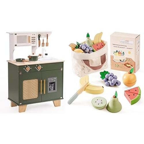 ROBOTIME Play Kitchen with Wooden Play Food Cutting Fruit Set, Pretend Play Toy Food for Play Kitchen with Shopping Bag – Kids Kitchen Accessories, Wooden Fruit Toys for Kids Boys Girls