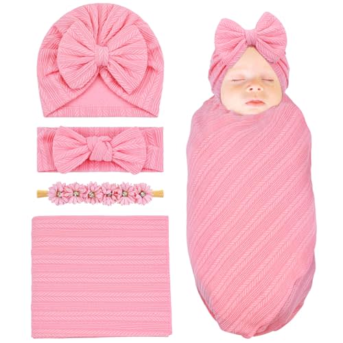 Cinaci 4pcs Pink Soft Nursery Newborn Baby Receiving Swaddle Blanket with Matching Turban Hat Bow Headbands Floral Nylon Headbands for Baby Girls Newborn Infants