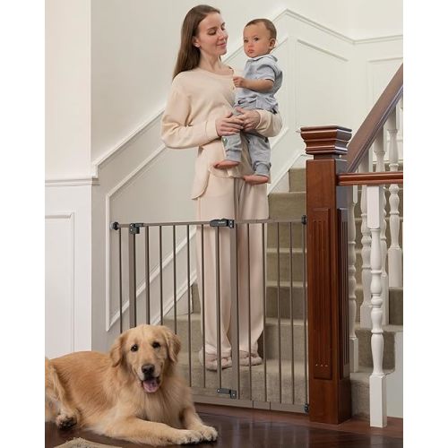 InnoTruth 29.5–40.75" Baby Gate for Stairs, 30" Tall Dog Gates for Doorways & Hallways, Safety Gate for Kids & Pets, Pressure-Mounted Walk-Through with Dual Lock & 2-Way Swing, Brown