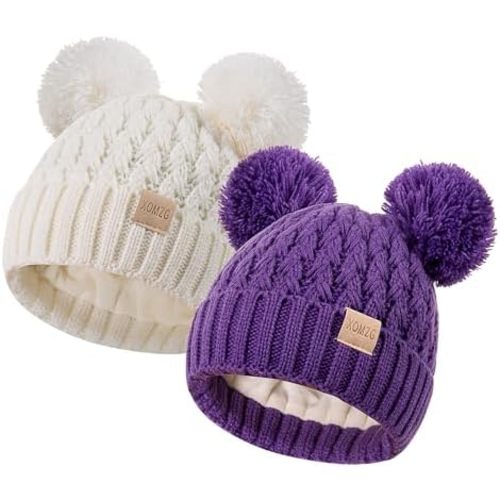 Toddler Winter Beanie Hat, Infant Winter Warm Knit Fleece Lined Cap for Girls Boys with Pom Pom for 0-36 Months 2 Packs