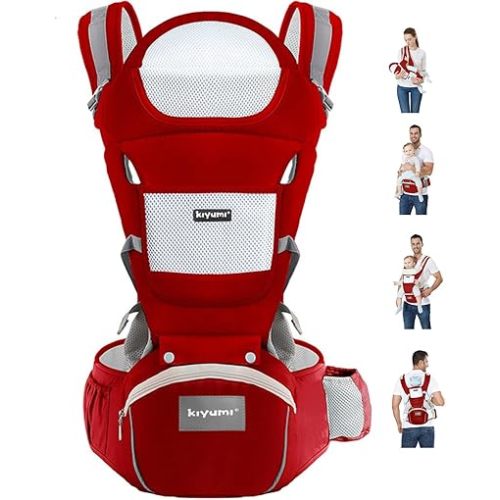 KIYUMI Baby Carrier with Hip Seat, Ergonomic M Position, Newborn to Toddler, Head Support and Breathable Mesh,Adjustable Removable 6- in-1 Baby Baby Sling Carrier (7-45 lbs) for Mom Dad, Red