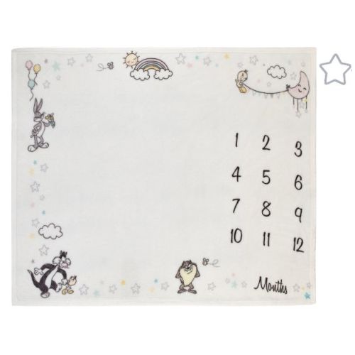 Warner Brothers Looney Tunes Best Buds White with Pastel Blue, Pink, and Yellow Milestone Blanket