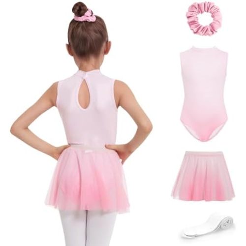 JiAmy Girls Ballet Leotards 4 Pcs with Removable Skirt Gradient Color Dance Dress Outfit Combo Tights Scrunchy 4-12Y