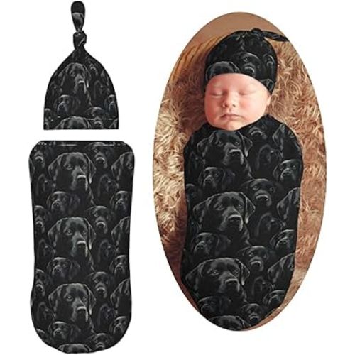 Black Labrador Lab Dog Newborn Swaddle Blankets Hat Sets Soft Baby Receiving Blanket Swaddle Sack for Baby Shower Infant Boy Girl Gift