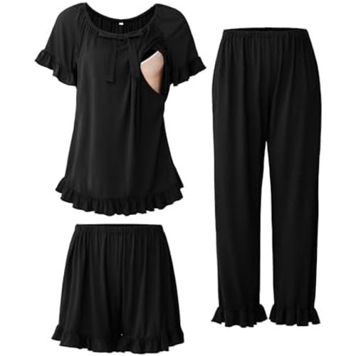 SUNNYBUY 3Pcs Ruffle Trim Postpartum Nursing Pajamas Set with Bowknot, Maternity Breastfeeding PJS Pregnancy Sleepwear