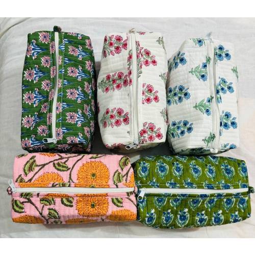 Large Cotton Quilted Block Printed Wash Bag | Ideal Gift | Handmade | Toiletry Bag | Cosmetic Bag Block Print Travel Accessory Holiday