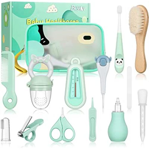 Baby Healthcare and Grooming Kit - Nursery Essentials Baby Registry Shower Gift for Newborns Infants Toddlers Boys Girls 13pcs - Green