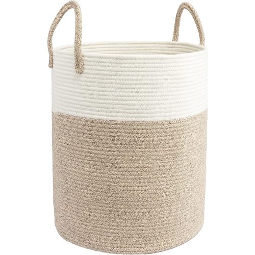 JUNBOLE Woven Cotton Rope Laundry basket-15”X20” Laundry Hamper-Rope Storage Basket for Dirty Clothes, Toys and Blankets Perfect for Bathroom, Baby nursery and Living Room Storage (white and brown)