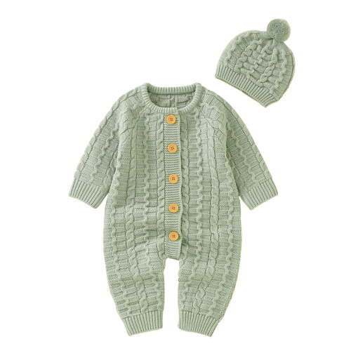 WOYY Newborn Boys Knit Jumpsuit Solid Color Button Long Sleeved Sweater Romper With Hat