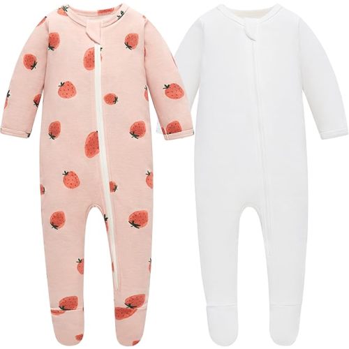 Owlivia Organic Cotton Baby Pajamas - Pink Strawberry + White - NB