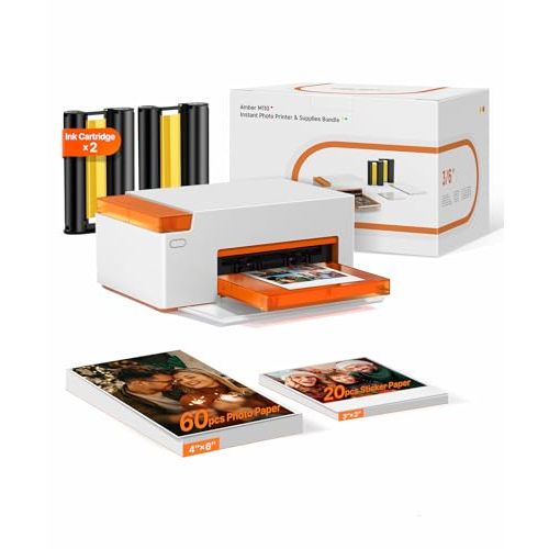 Liene Amber M110 Bluetooth Photo Printer 80 Sheets, Portable Photo Printer for iPhone, Thermal Dye Sublimation, Picture Printer 60 Sheets 4x6 Paper & 20 Sheets 3" Square Sticker Paper & 2 Cartridges