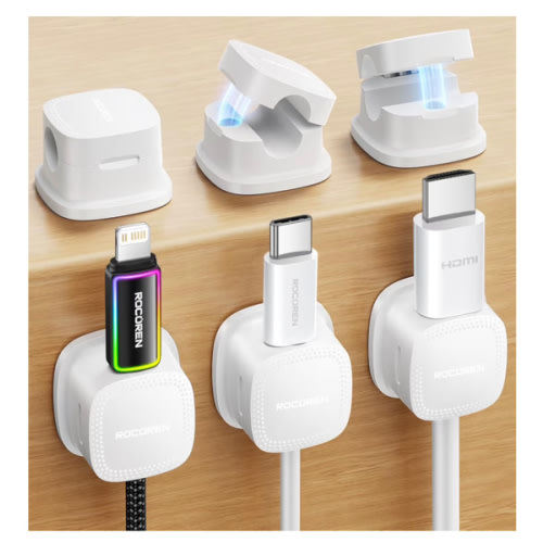 6-Pack Magnetic Cable Clips Cord Organizer-Cables Smooth Adjustable, Rocoren Desk Cable Management Accessories,Cord Holder Clips Wire Holder Keeper for Desktop,Nightstand,Home Office,Workspace,Phone