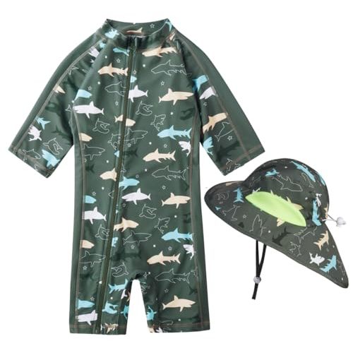 Baby Boy Swimsuit Rash Guard Toddler Sun Protection Swimwear Infant One Piece Bathing Suit with Sun Hat