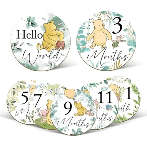 7 Pcs Winnie Baby Monthly Milestone Markers, Winnie Double Sided Baby Months Wooden Signs with Storage Bags, Baby Monthly Announcement Wooden Discs, Milestone Pictures of Your Newborn Boy & Girl