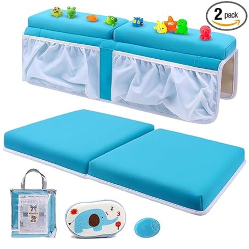 Bath Kneeler and Elbow Rest Set Thick Baby Bath Kneeling Pad Bathing Kneeling Mat Cushion Washable Padded Bathtub Knee Saver with Arm Support and Pockets Organizer for Bathroom Bathtime Comfort, Blue