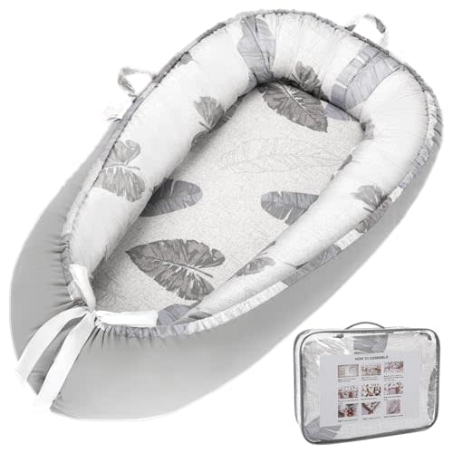 Alened Baby Lounger for Newborn 0-12 Months, Portable Infant Lounge on Floor for Supervised Tummy Time, Babies Support Pad with Breathable Cotton for New Born Awake Use Only - Grey Leaves