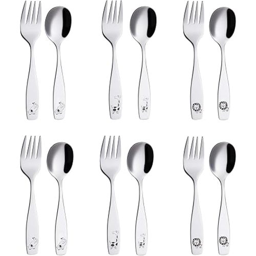 ANNOVA Kids Silverware 12 Pieces Children's Safe Flatware Set Stainless Steel - 6 x Children Forks, 6 x Dinner Spoons, Toddler Utensils, for Lunchbox (Safari Animals Etched Elephant, Giraffe, Lion)