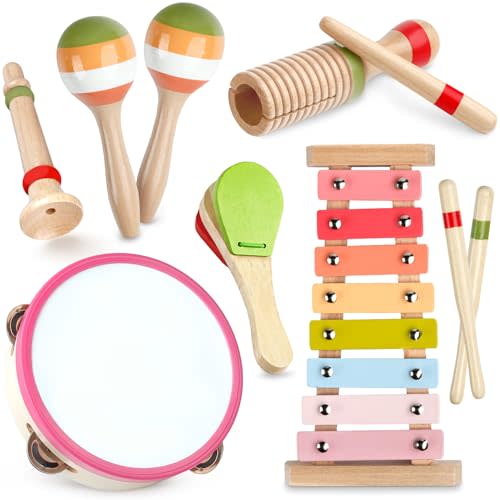 Baby Musical Instruments - Montessori Wooden Musical Toys for Toddlers 1-3, Xylophone Maracas Tambourine Percussion Set, Kids Preschool Music Learning Toys, Educational Birthday Gifts (Rainbow)
