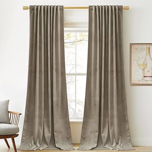 StangH Luxury Camel Beige Velvet Curtains 96 inches Long - Super Soft Velvet Drapes Heat & Light Blocking Thermal Insulated Window Treatment for Bedroom/Sliding Glass Door, W52 x L96, 2 Panels