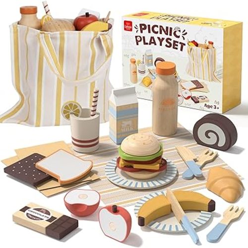 Lehoo Castle Play Food Sets for Kids Kitchen, Wooden Toys Food for Toddlers 3+, Pretend Picnic Play Set, Cutting Food Toys, Gift for Girls Boys 3 4 5 6