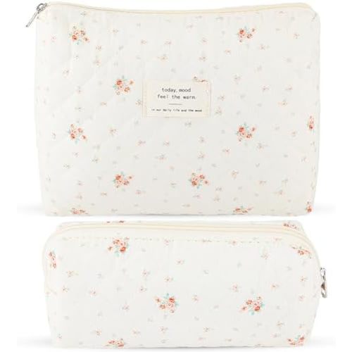 2Pcs Quilted Cotton Makeup Bag Large Travel Makeup Pouch Small Brush Holder Set for Women Floral Coquette Makeup Bag Cute Aesthetic Cosmetic Bag White Toiletry Organizer Storage Bag Big Zipper Pouch