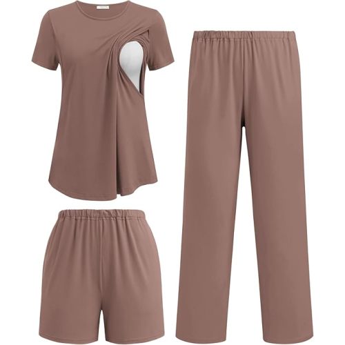 Ekouaer 3 Piece Maternity Pajamas Set Postpartum Nursing Short Sleeve Breastfeeding Sleepwear Pregnancy Shorts & Pants Pjs