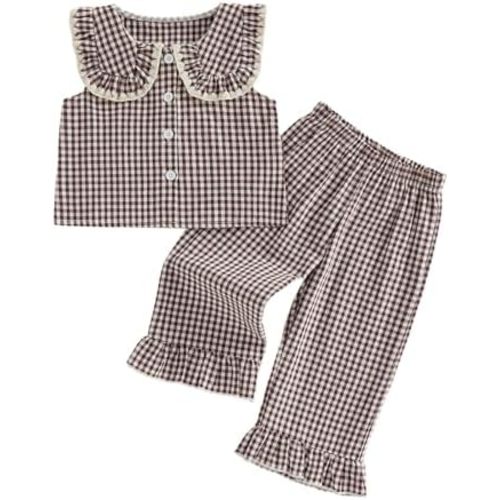 Toddler Girls Spring Outfit Peter Pan Collar Sleeveless Plaid Vest Tops Elastic Waist Pants Set Kids Summer Clothes