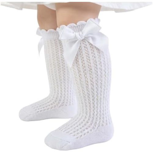 1 Pairs Baby Girl Knee High Socks Hollow Lace Tube Socks with Bows