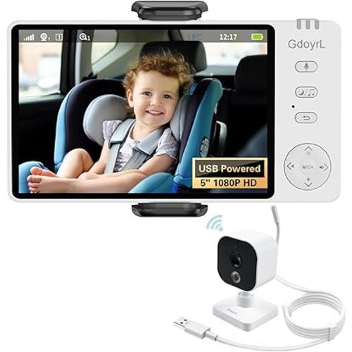 Wireless Baby Car Camera Monitor 5" HD 1080P IPS, 360° Rotating Camera with Auto/Manual Night Vision, 1000ft Range, Anti-Glare Display & USB Charging for Backseat, Home, Travel,Camping