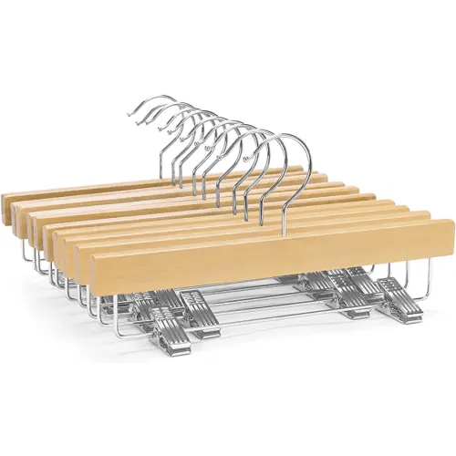 Nature Smile 11.8'' Kids Baby Toddler Children Solid Wooden Pants Hangers,Wood Skirts Hangers,Trousers Bottom Hangers with 2-Adjustable Clips Anti-Rust Hook Pack of 10 (Natural)