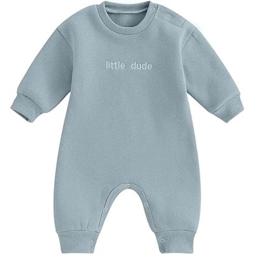 allshope Newborn Baby Boy Fall Outfit Romper Little Dude Embroidery Long Sleeve Jumpsuit Bodysuit Infant Winter Clothes