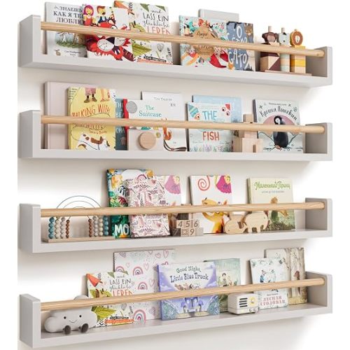 Seocry Nursery Book Shelves, 4 Pack, Wall Book Shelves for Kids Room, Baby, Toddler, Nursery Decor (White Wood, 36 Inches)