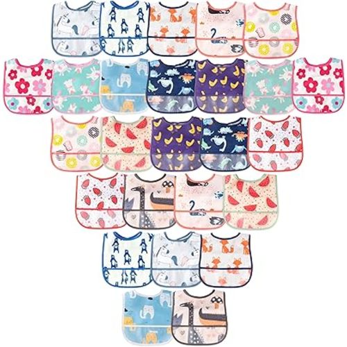 26Pcs Baby Feeding Bibs with Crumb Catcher Pocket Waterproof Sleeveless Teething Plastic Food Bib Set Adjustable Toddler Infant Keepsake Gift for Baby Shower, 6-24 Months