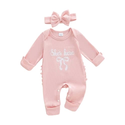 FIOMVA Im New Here Newborn Outfit Girl Long Sleeve Letter Romper Ribbed Knit Jumpsuit Baby Girl Preemie Coming Home Outfit