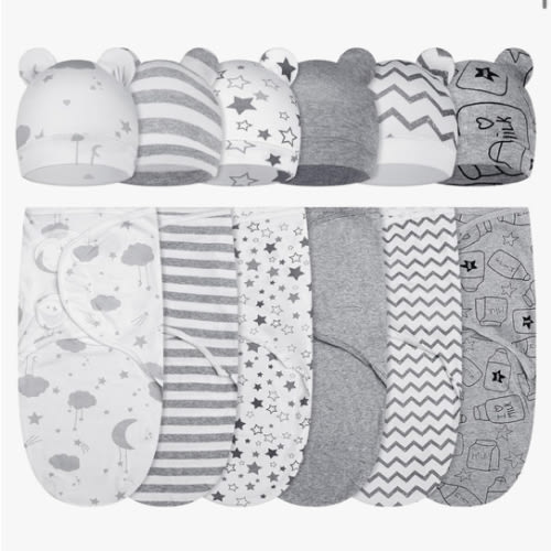 Ramede 6 Pack Swaddle Blanket with Hats for Baby Girl Boy 100% Cotton Swaddles 0-3 Months, Adjustable Breathable Skin Friendly Receiving Blanket Wrap, Essential for Newborns