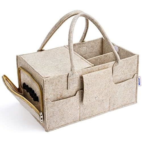 Maliton Felt Diaper Caddy Organizer with Lid - Large, Khaki