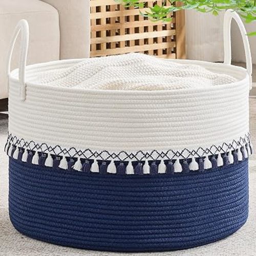 KAKAMAY Large Blanket Basket with Handles, Storage Basket for Living Room