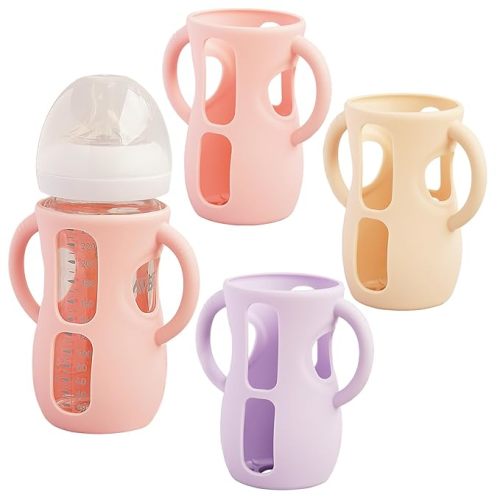 3 Pack Silicone Sleeves for Avent Natural Glass Baby Bottles, Anti Breakage Baby Bottle Holder, Compatible with Philips Avent Glass Natural Baby Bottle (Cute Pink+Light Purple+Beige, 8 OZ)