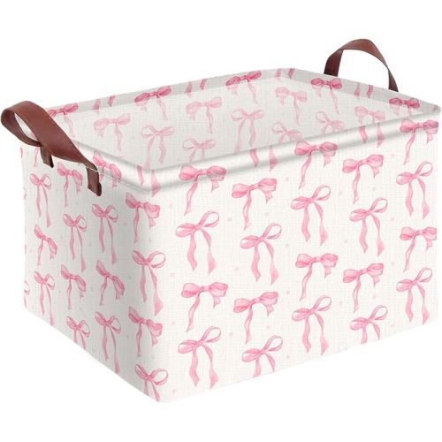 Pink Bow Storage Basket Waterproof Canvas Toy Storage Bin Coquette Room Decor Collapsible Outdoor Basket with Leather Handles Pink Bow Room Decor Blanket Baskets For Closets,Bedrooms,Gifts Baskets