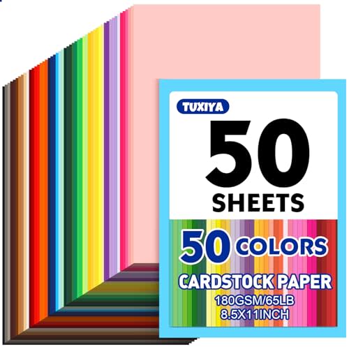 TUXIYA 50 Sheets 8.5" X 11" Colored Cardstock, 50 Colors Card Stock | 50 Assorted Colors Construction Paper Printer Paper for Printing, Card Making, DIY Crafts, School Supplies,Party 180GSM/65LB
