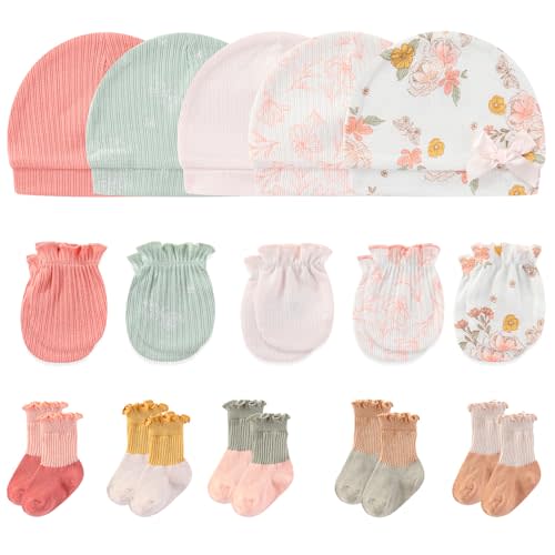 MAMIMAKA Newborn Baby Boy Girl Caps Mittens Socks Set Cotton Baby Essentials Accessories (Hats+Gloves+Socks)