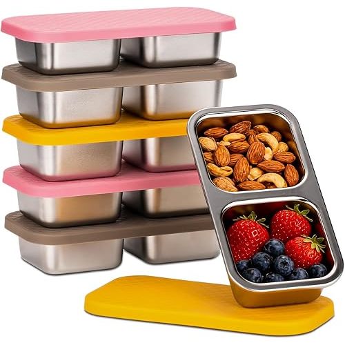 6 Pack Stainless Steel Snack Containers, 2 Compartment Snack Containers with Lids, Reusable Food Storage Containers with Lids for Travel, Outdoor, Camping(Yellow/Pink/Brown)